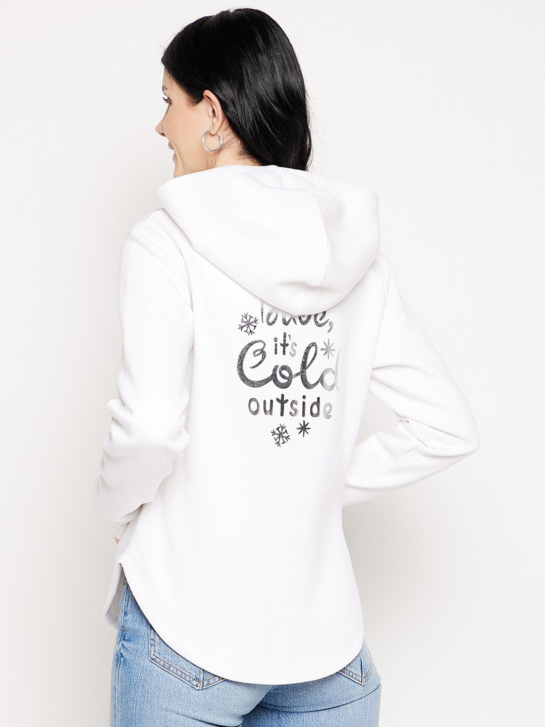 

EDRIO Women White Printed Hooded Fleece Sweatshirt