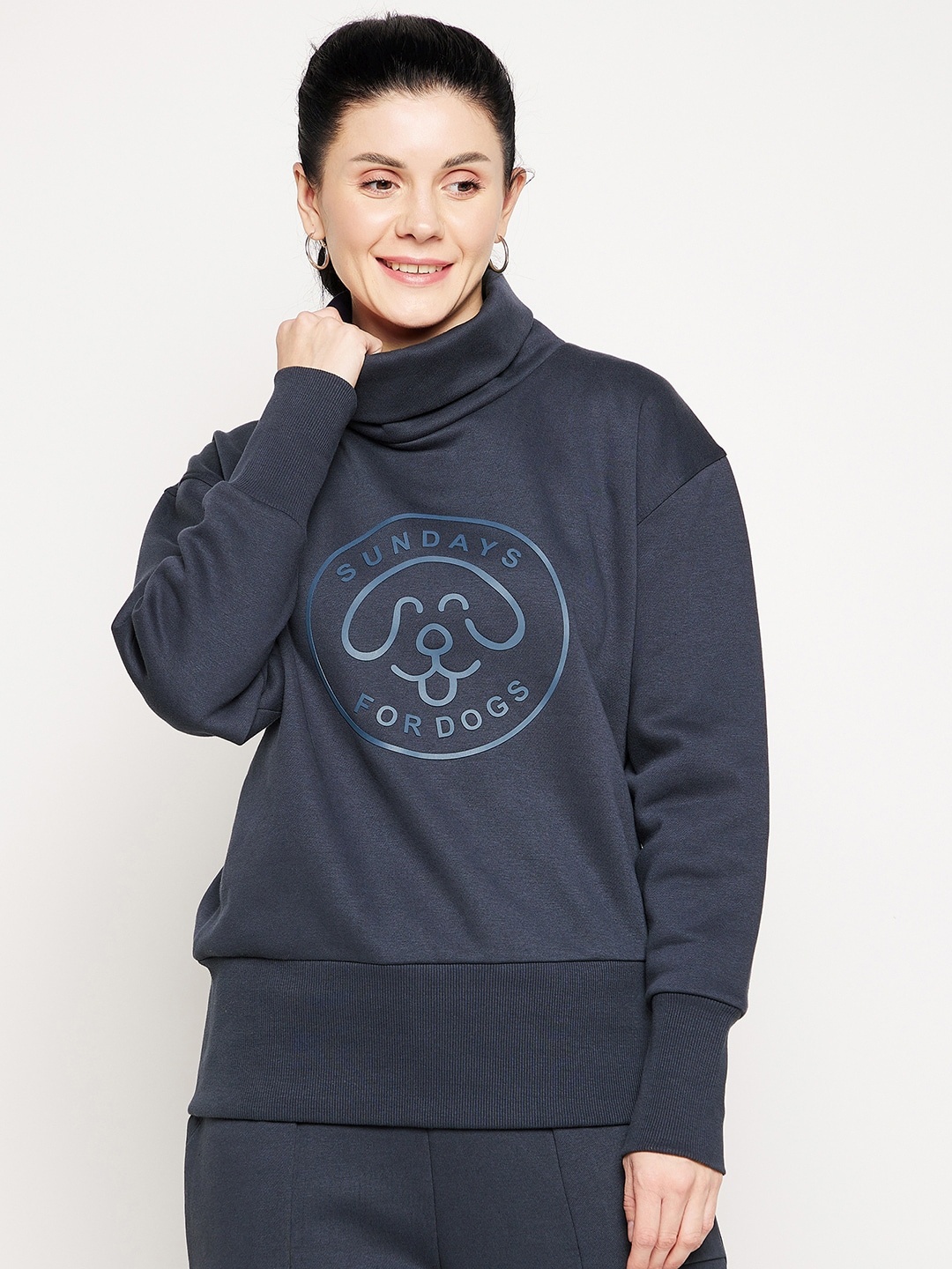 

EDRIO Women Navy Blue Printed Fleece Sweatshirt