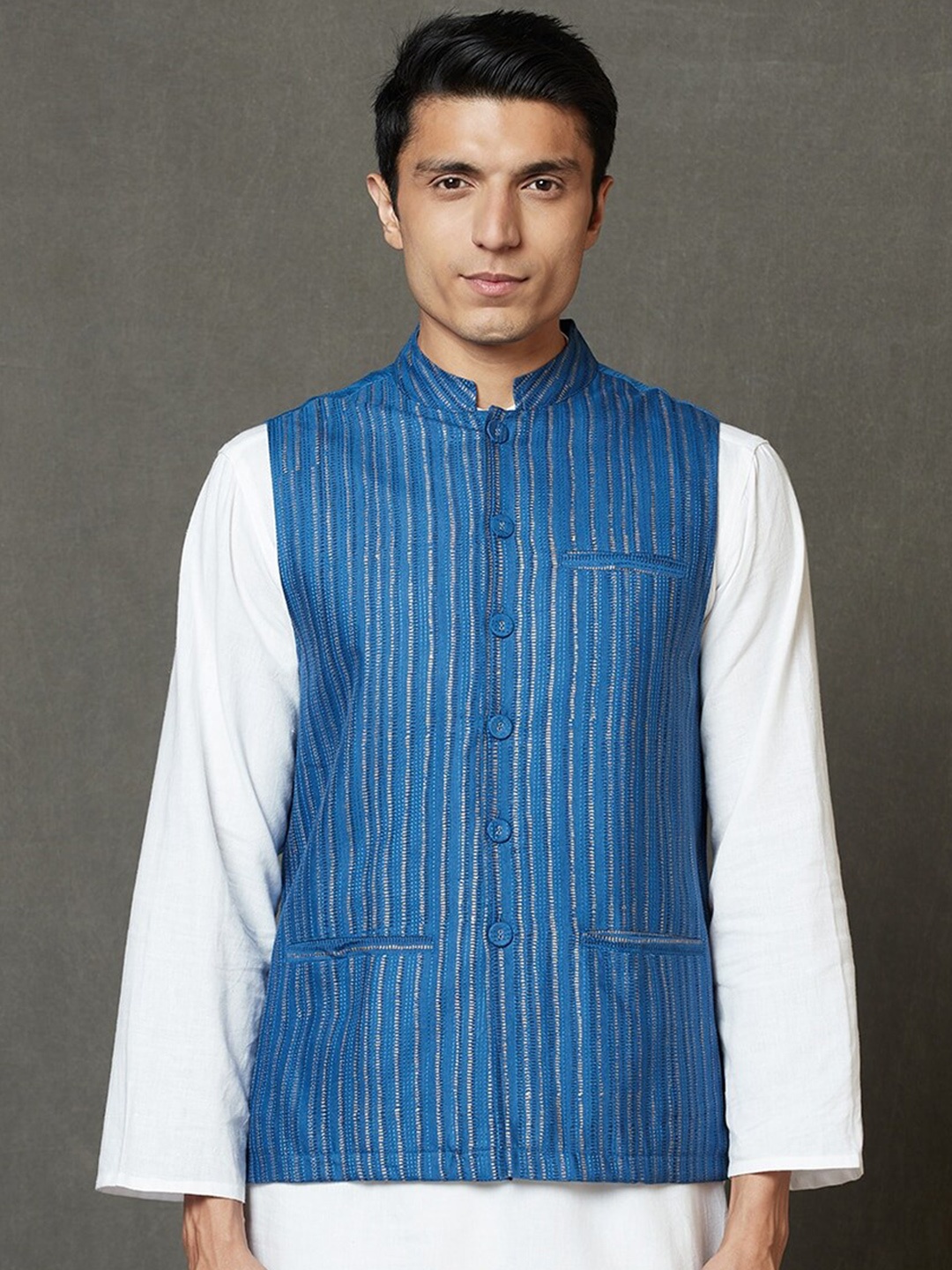 

Fabindia Men Blue Printed Nehru Jackets