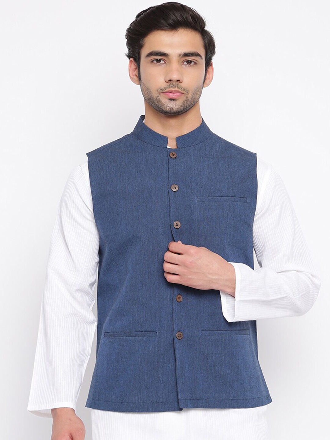 

Fabindia Men Blue Cotton Nehru Jacket