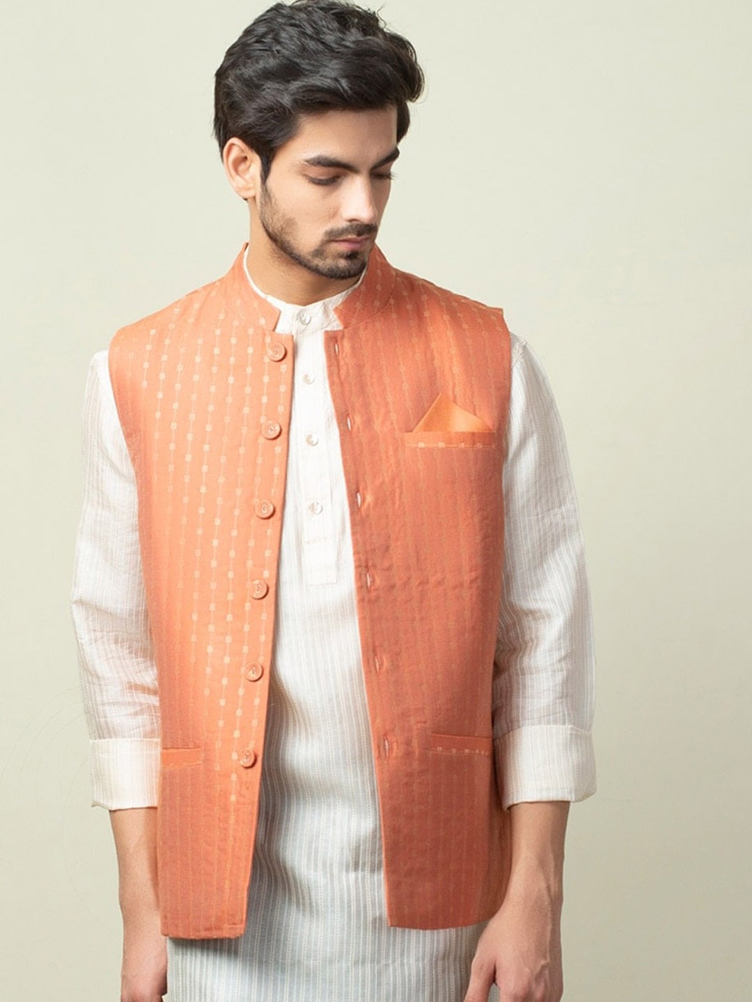

Fabindia Men Orange Printed Nehru Jackets