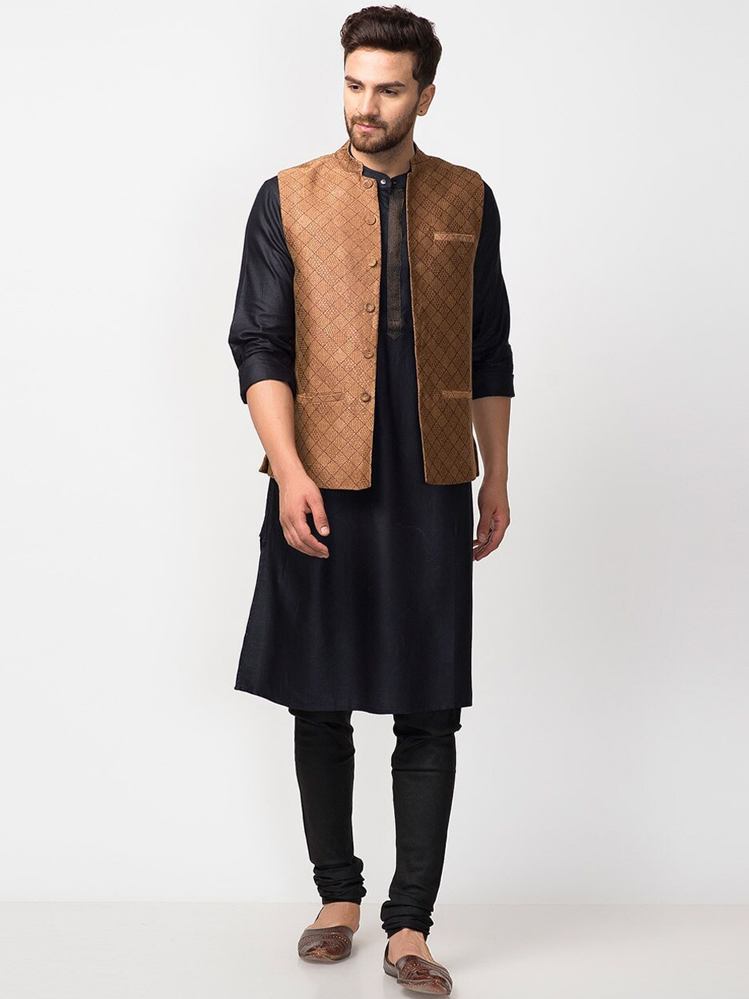 

Fabindia Men Coral Brown Printed Nehru Jackets