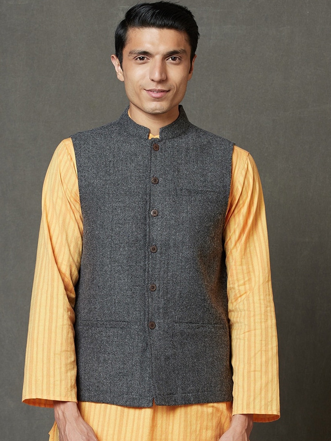 

Fabindia Men Charcoal Woven Design Pure Wool Nehru Jackets