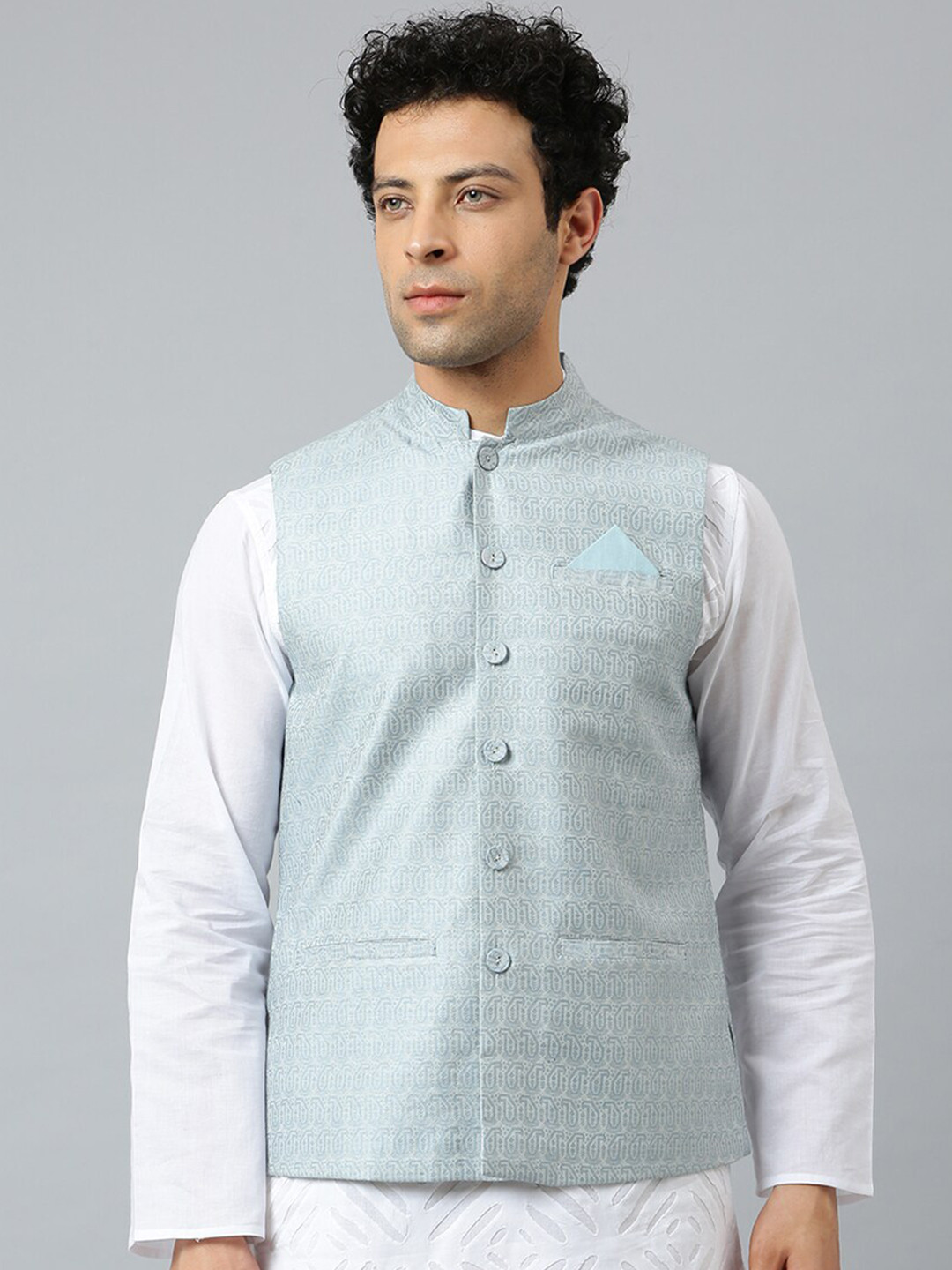 

Fabindia Men Blue Woven Design Nehru Jackets