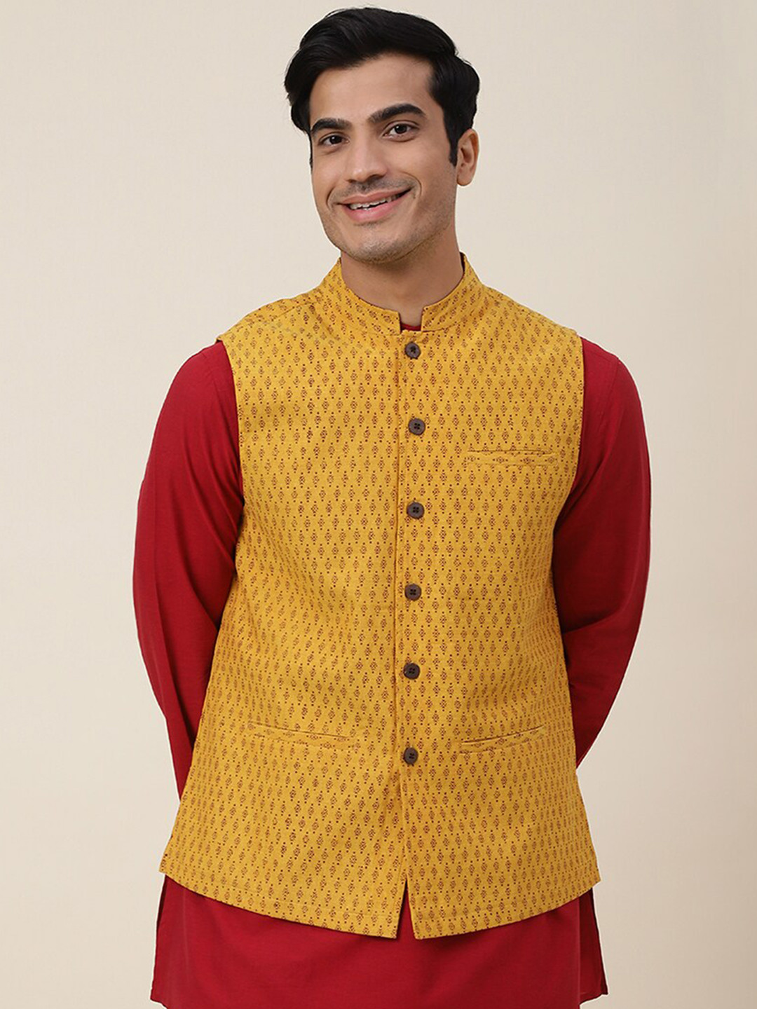 

Fabindia Men Yellow Printed Cotton Nehru Jackets