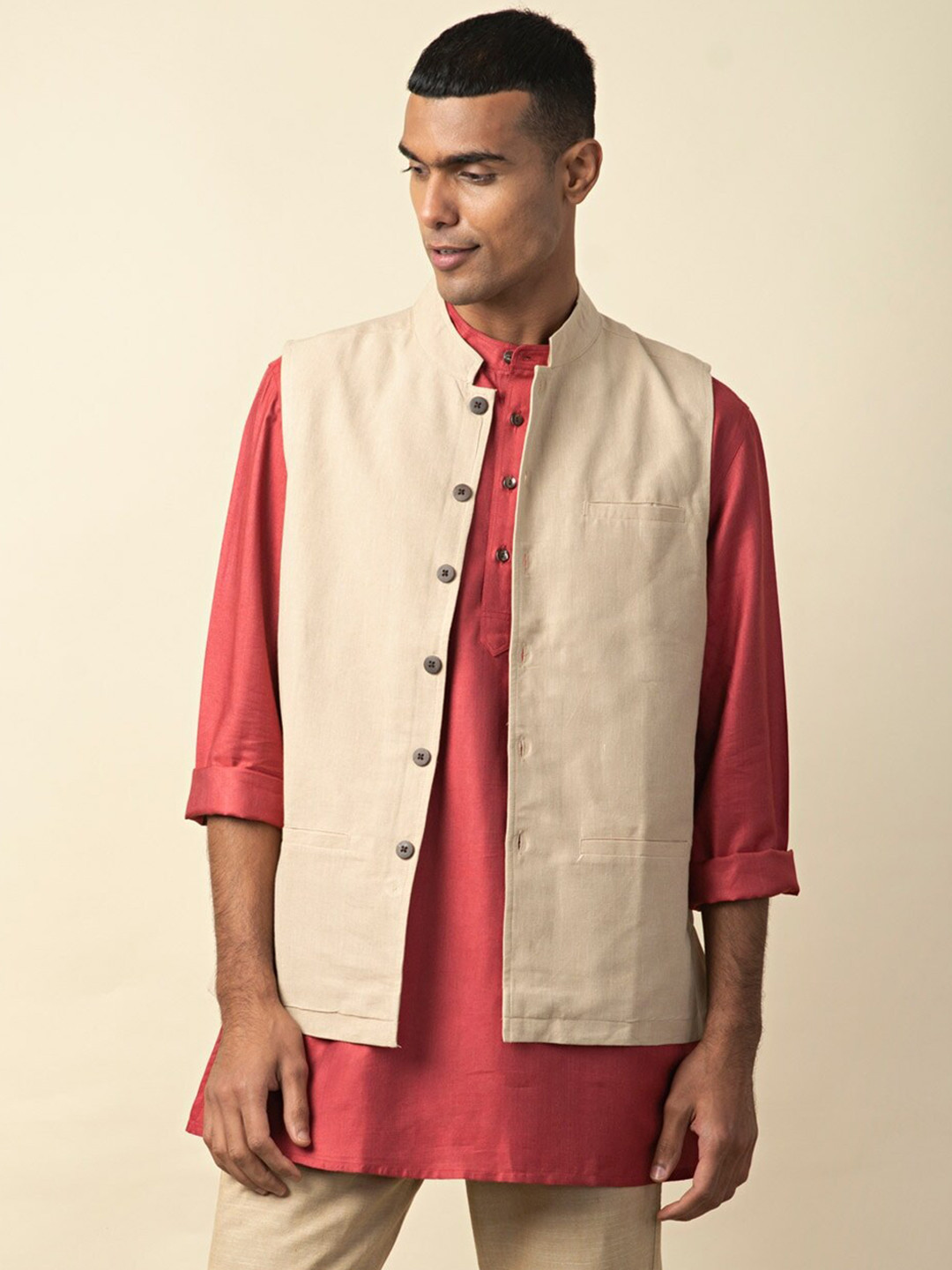 

Fabindia Men Beige Pure Cotton Nehru Jackets