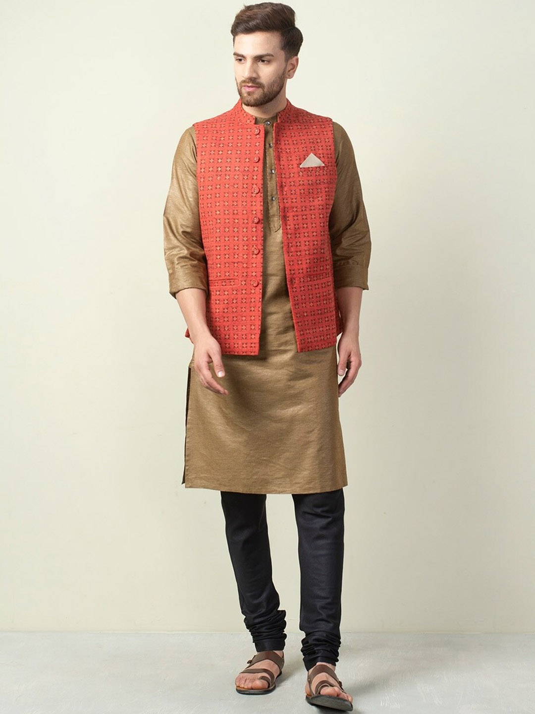

Fabindia Men Rust Printed Nehru Jackets