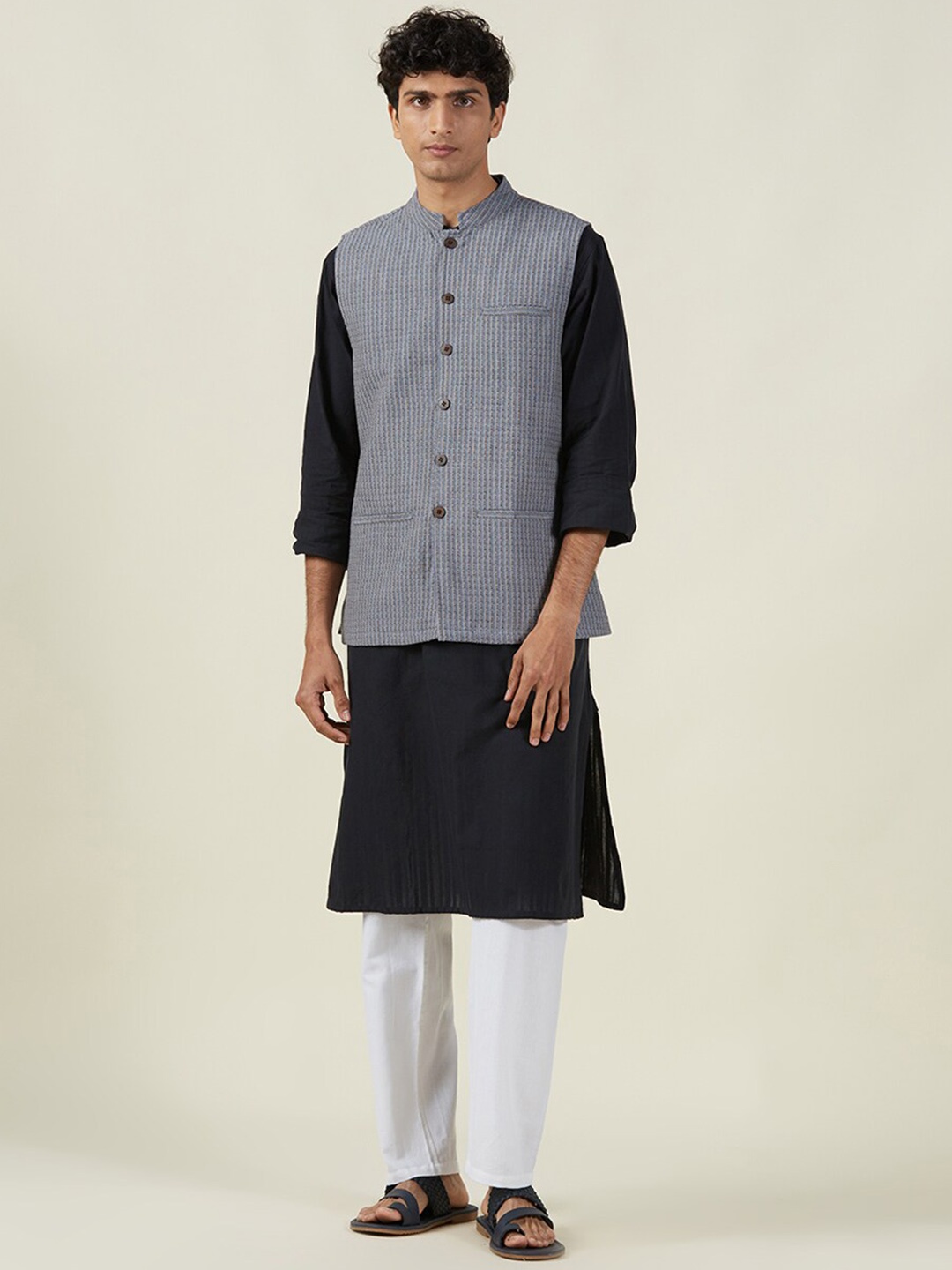 

Fabindia Men Blue Printed Cotton Nehru Jacket