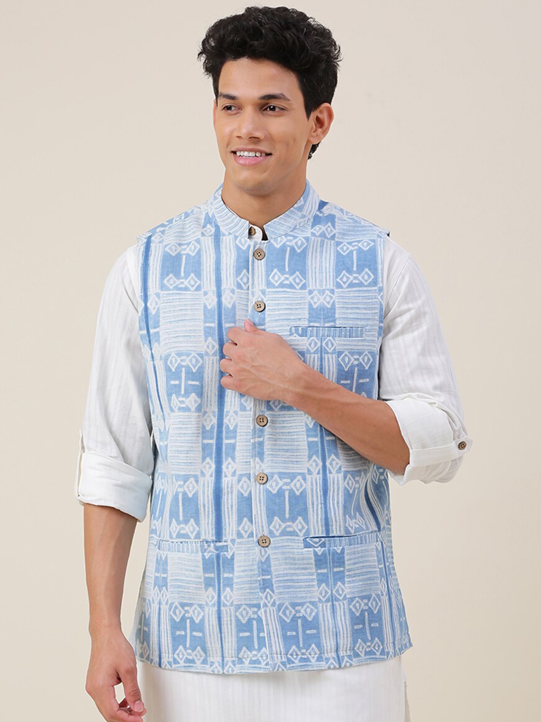 

Fabindia Men Blue Printed Pure Cotton Nehru Jacket