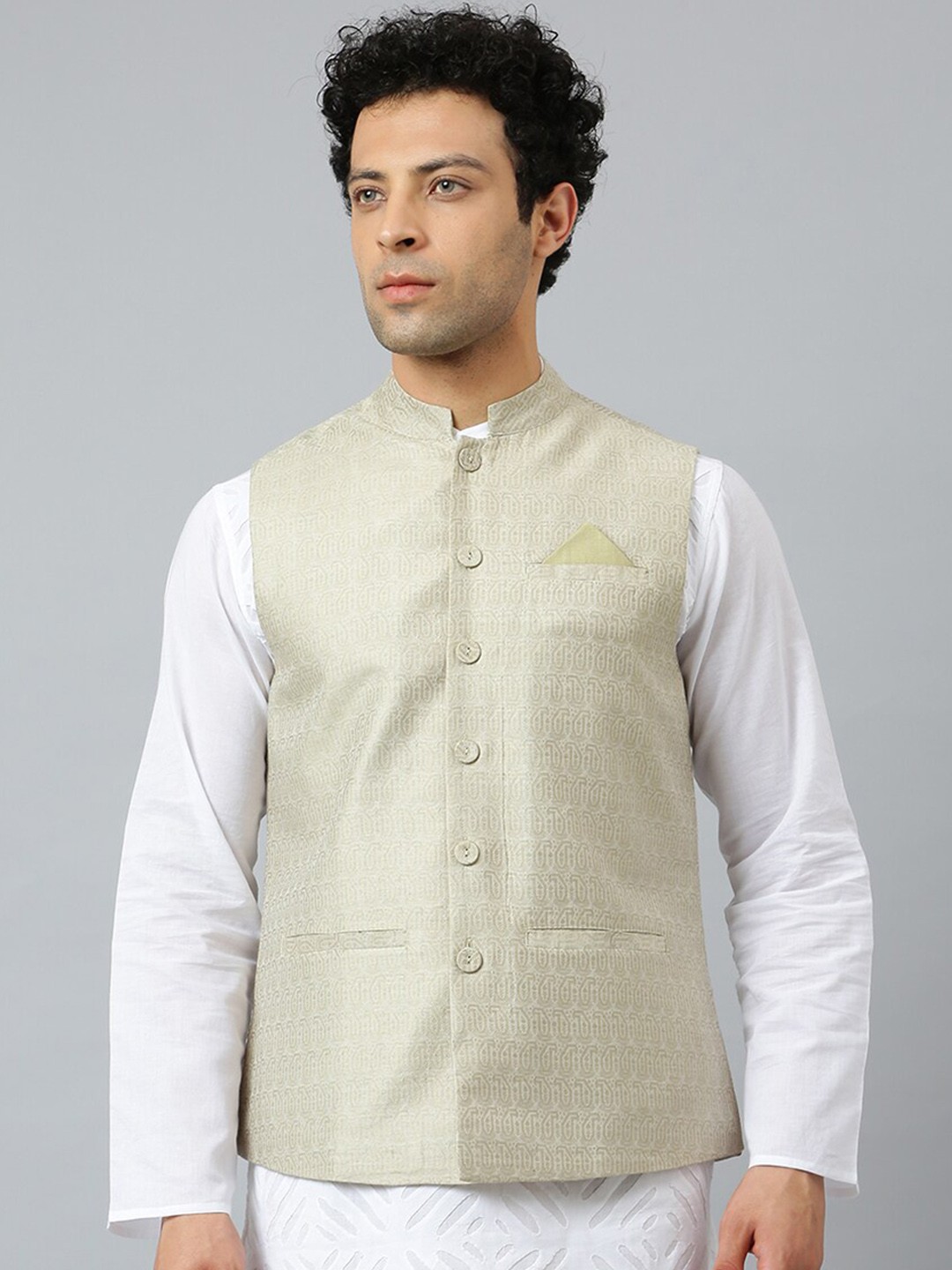 

Fabindia Men Green Printed Nehru Jackets