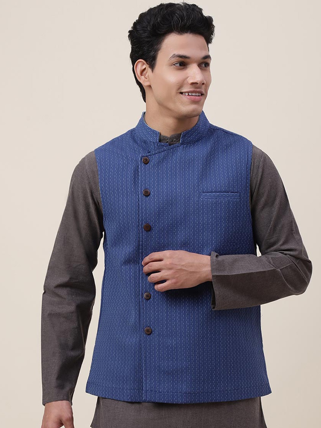 

Fabindia Men Blue Woven Design Cotton Nehru Jackets