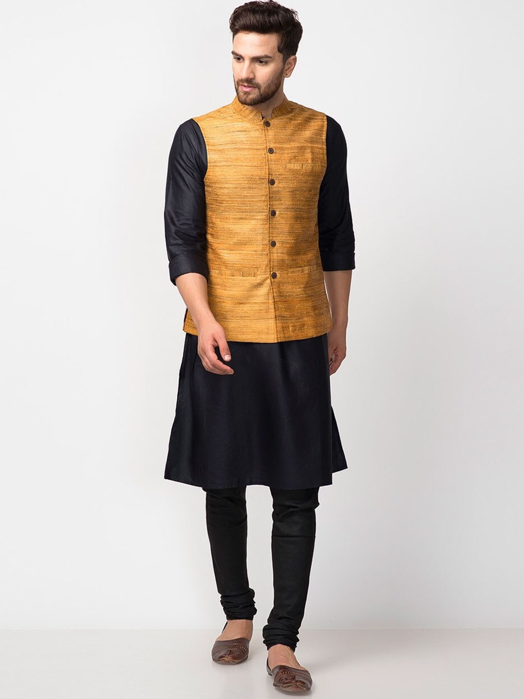 

Fabindia Men Mustard Woven Design Nehru Jackets