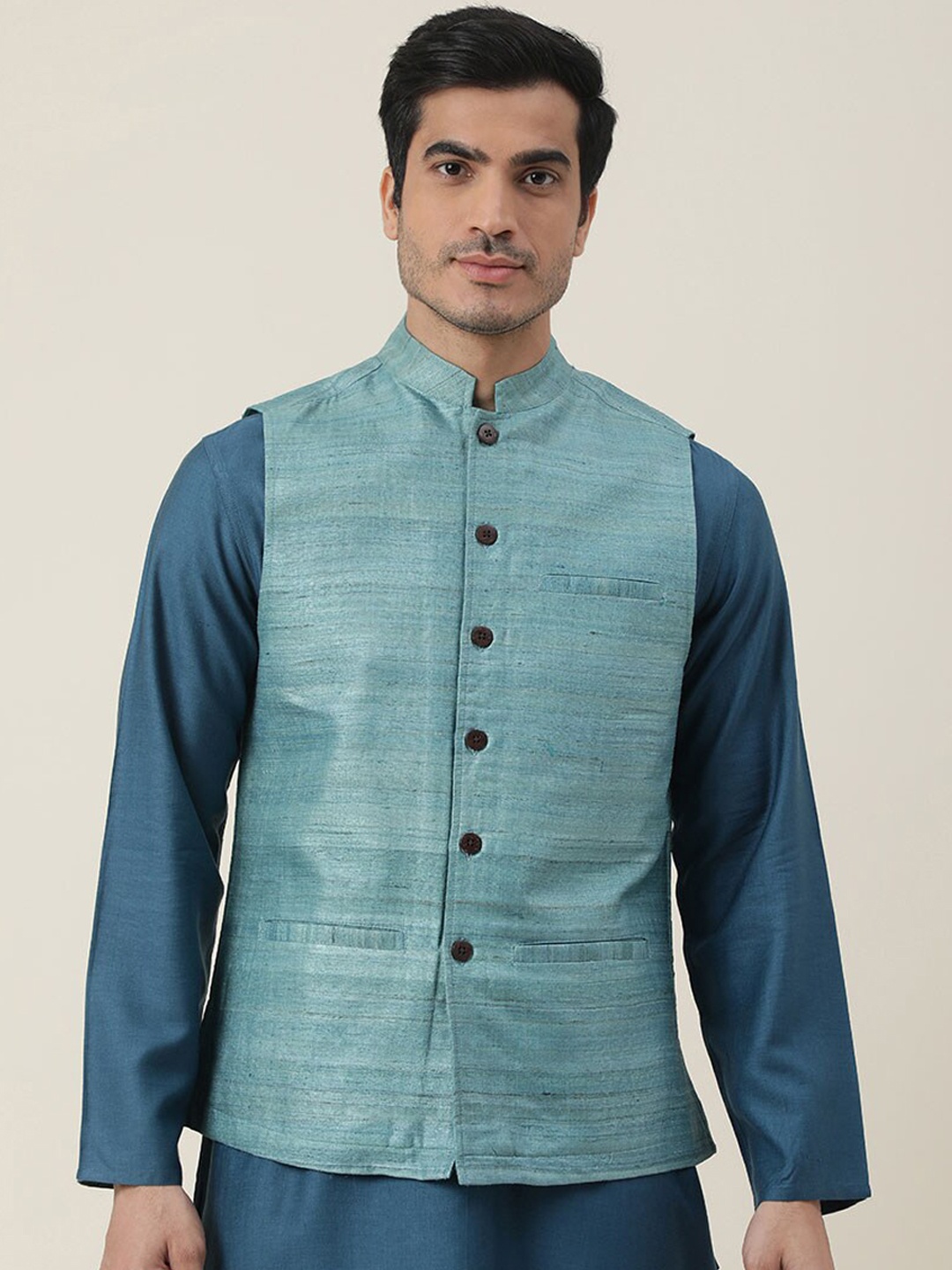 

Fabindia Men Green Woven Design Nehru Jackets