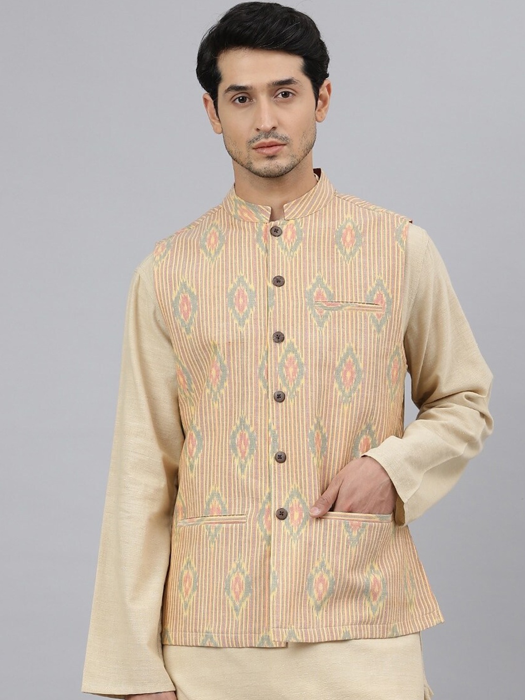 

Fabindia Men Printed Cotton Nehru Jackets, Red