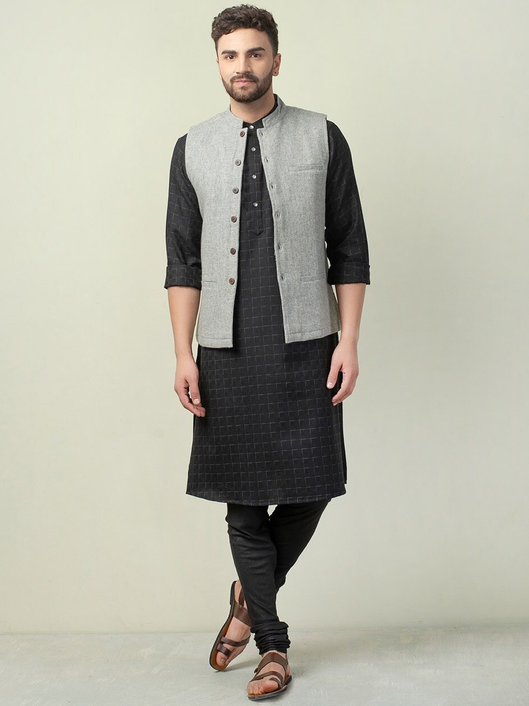 

Fabindia Men Grey Woven Design Nehru Jacket