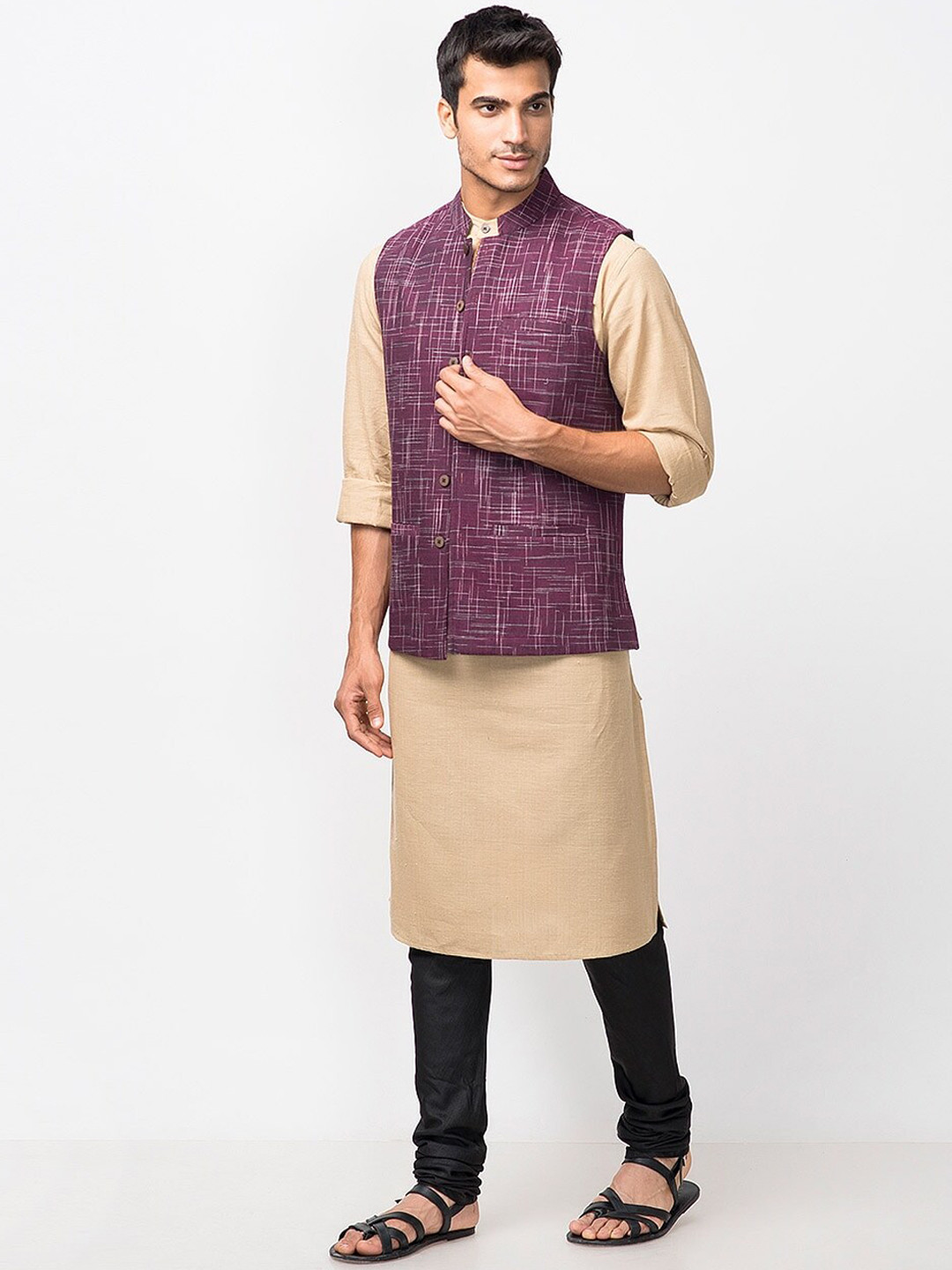 

Fabindia Men Burgundy Printed Cotton Nehru Jackets