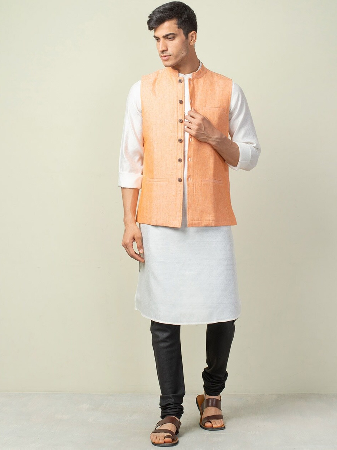 

Fabindia Men Orange Linen Nehru Jackets