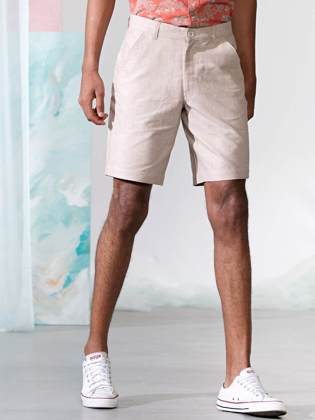 

Fabindia Men Beige Self Design Shorts