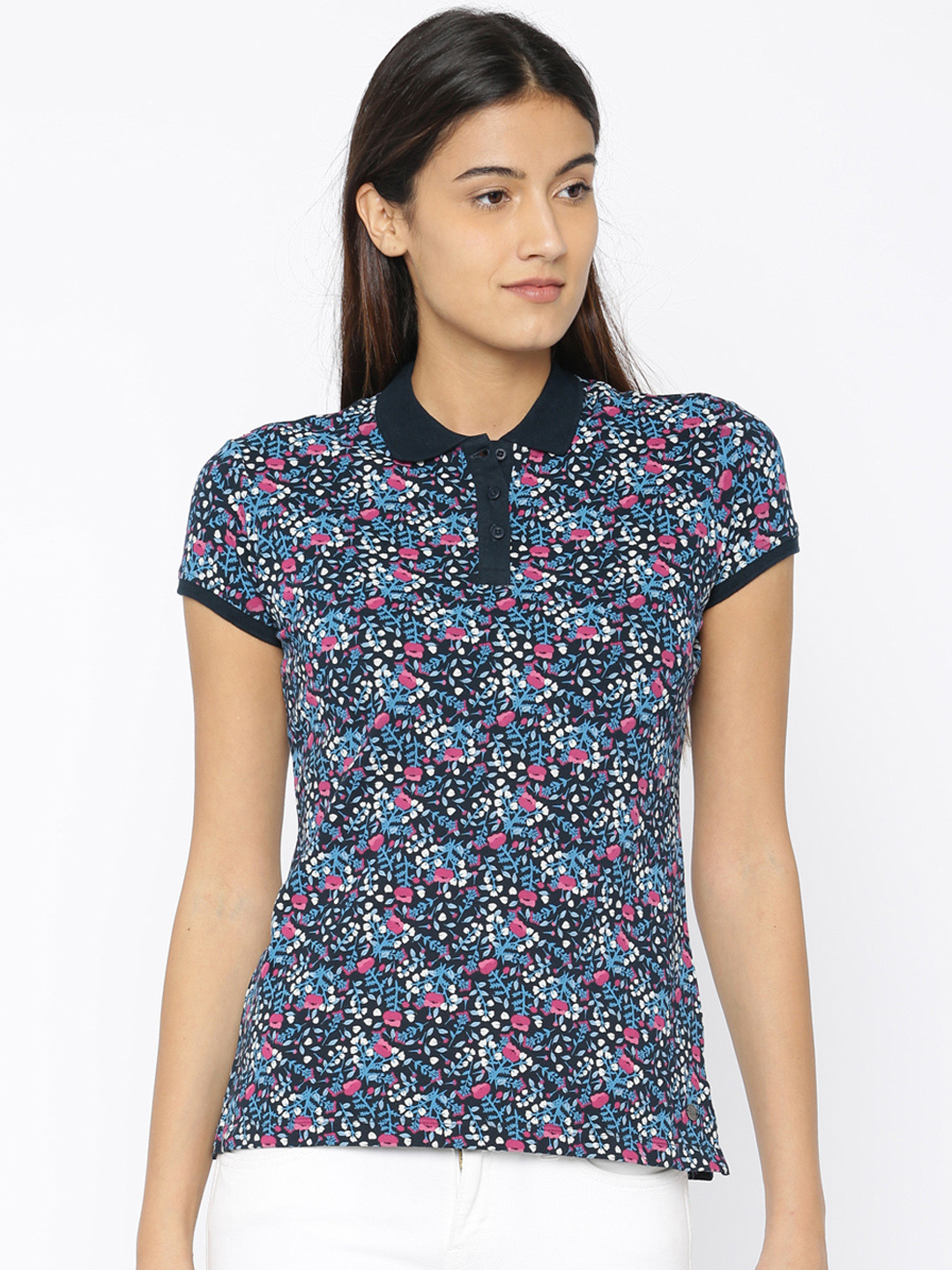 

U.S. Polo Assn. Women Women Navy Blue Printed Polo Collar T-shirt