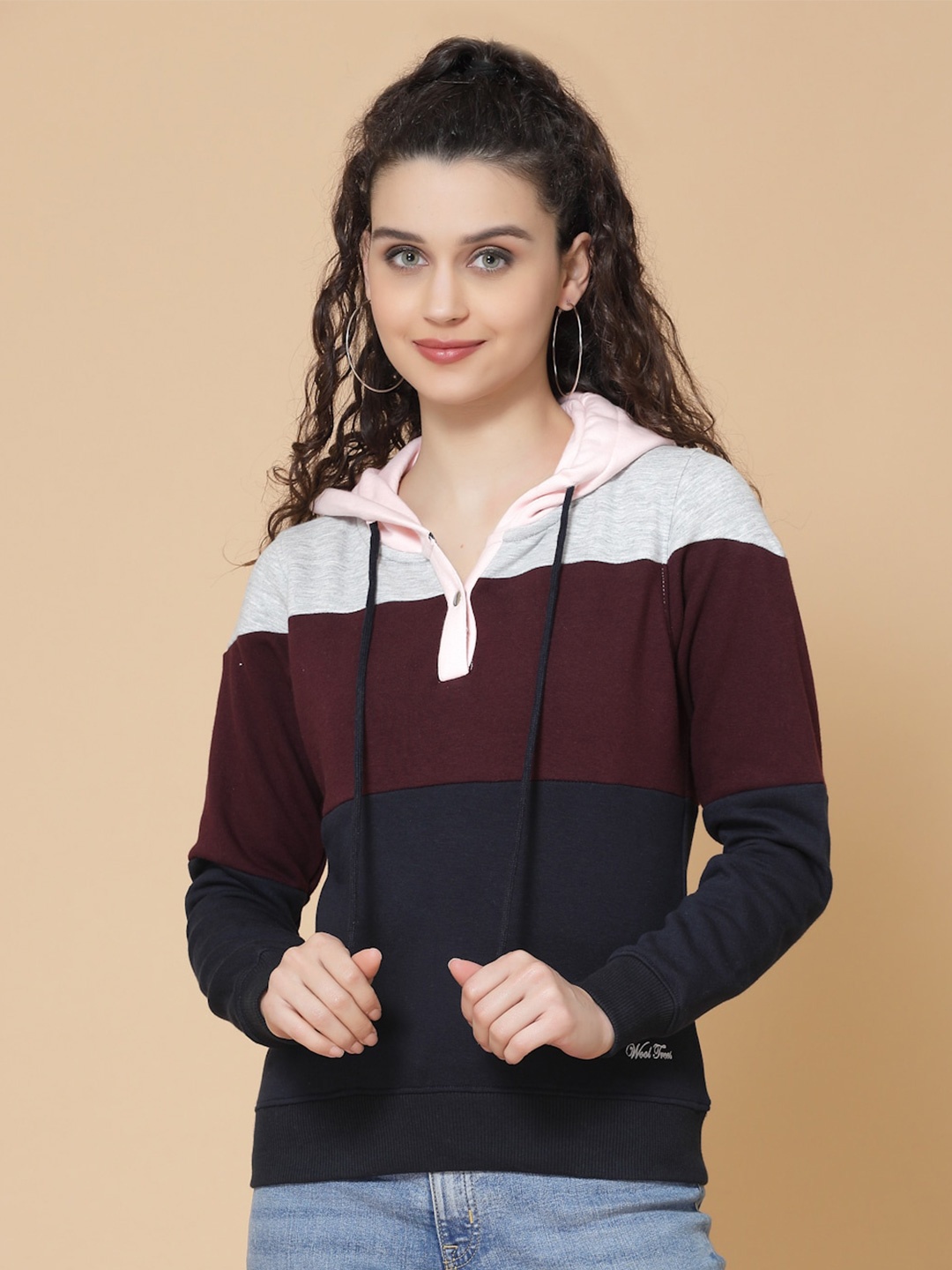 

Wool Trees Women Maroon & Grey Colourblocked Hooded Sweatshirt