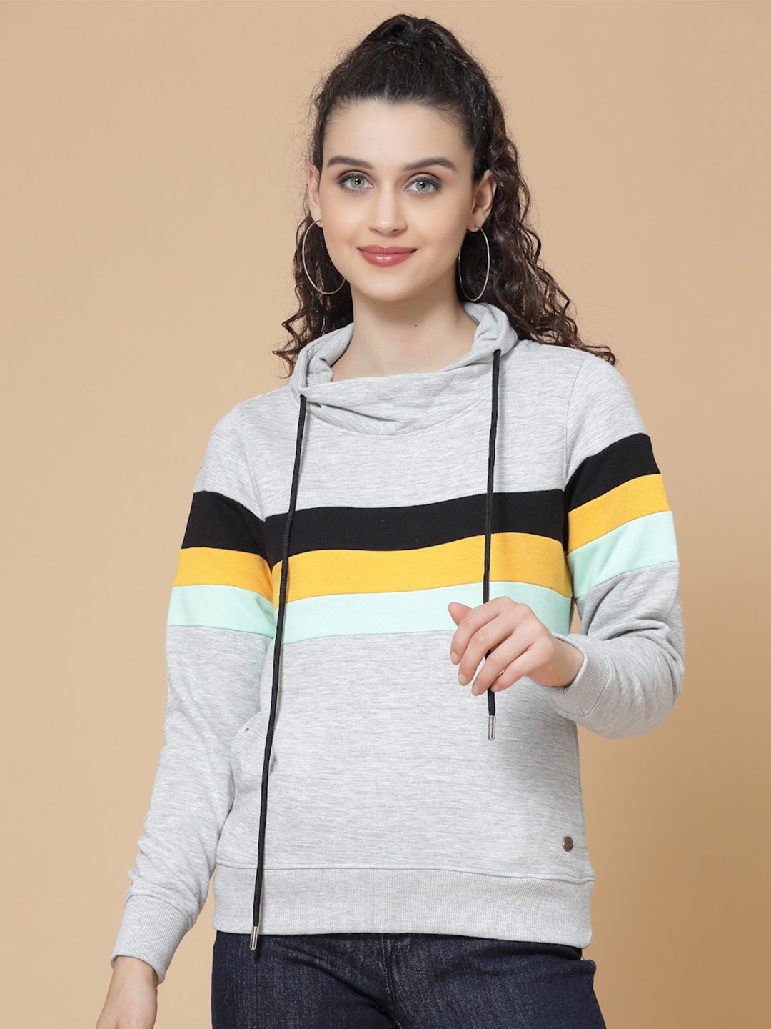 

Wool Trees Women Grey Striped Hooded Sweatshirt