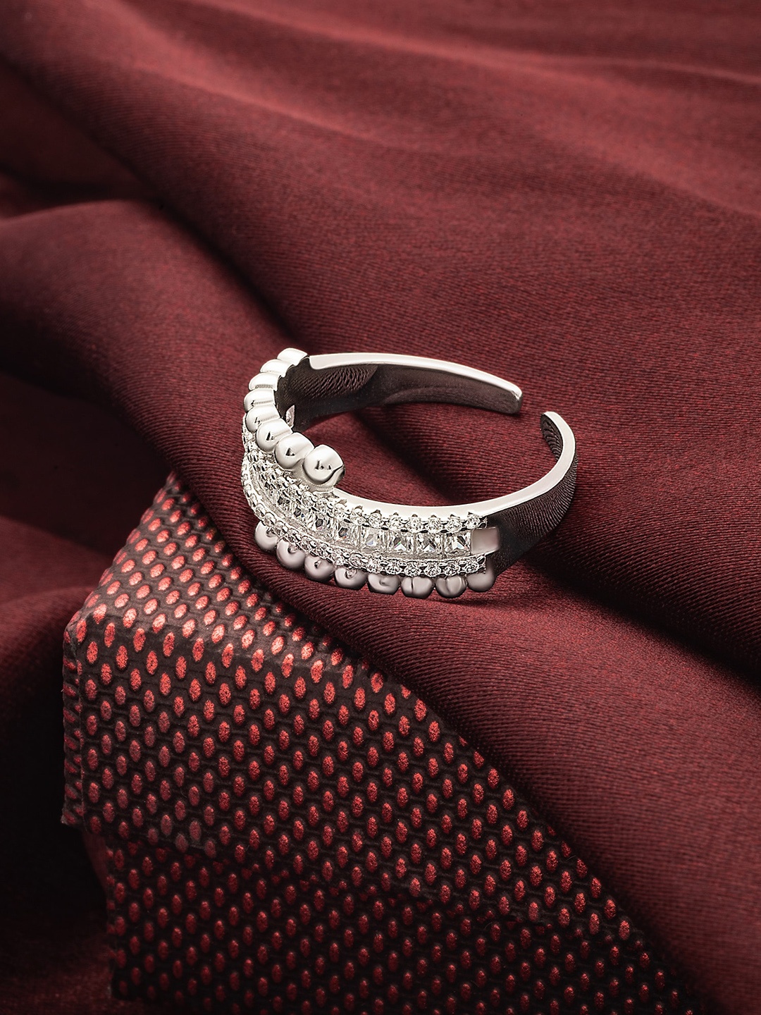 

SILBERRY Women Rhodium-Plated 92.5 Sterling Silver CZ Studded Adjustable Finger Ring, White