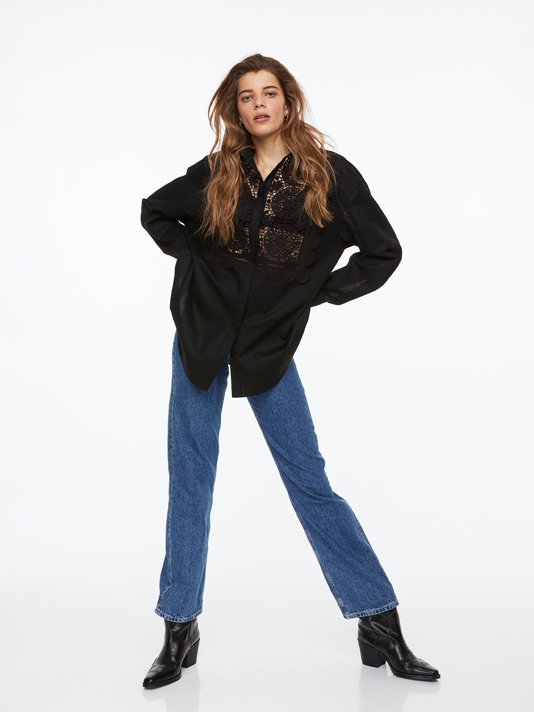 

H&M Lace-Detail Pure Cotton Shirt, Black