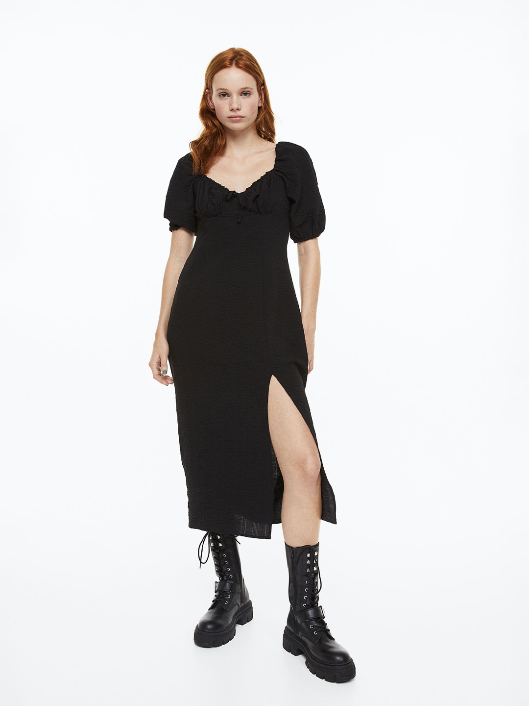 

H&M Balloon-Sleeved Crepe Dress, Black