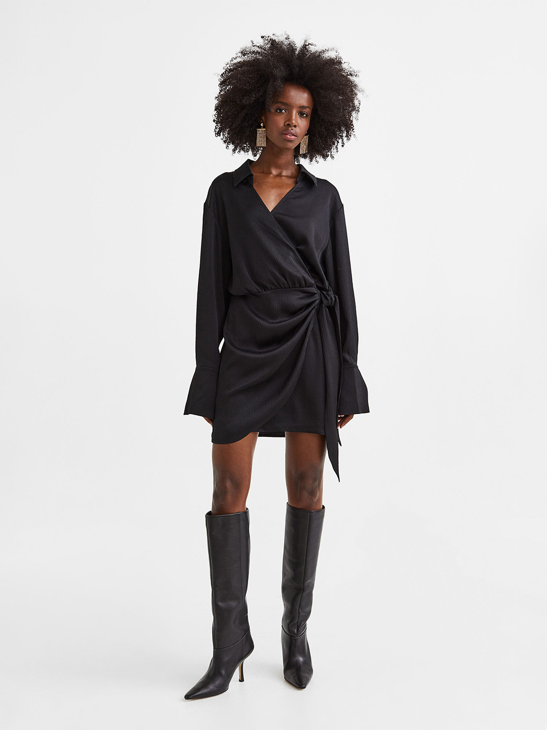 

H&M Woman Satin Crepe Wrapover Shirt Dress, Black