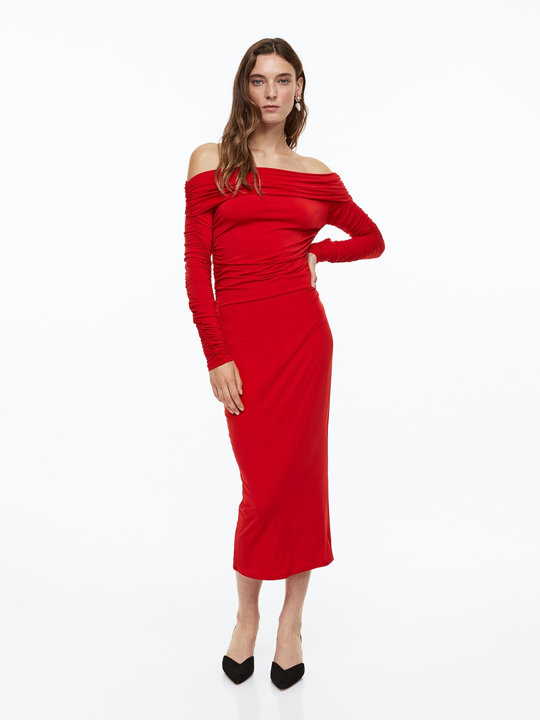 

H&M Red Off-The-Shoulder Gathered Dress