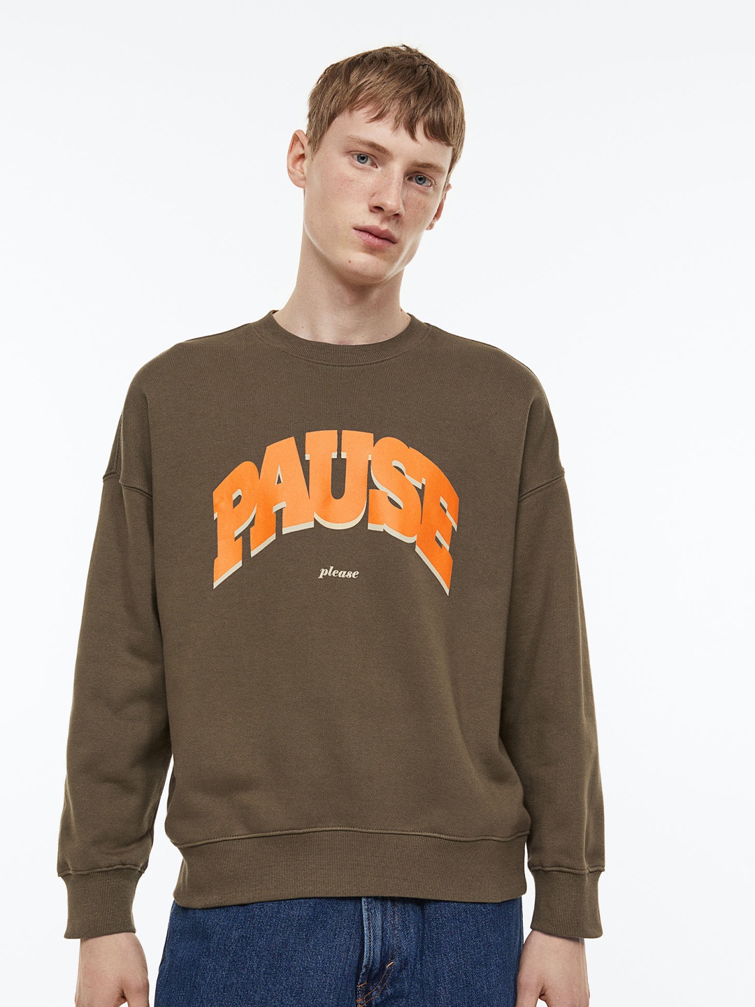 

H&M Men Olive Green Oversized Fit Cotton Sweatshirt