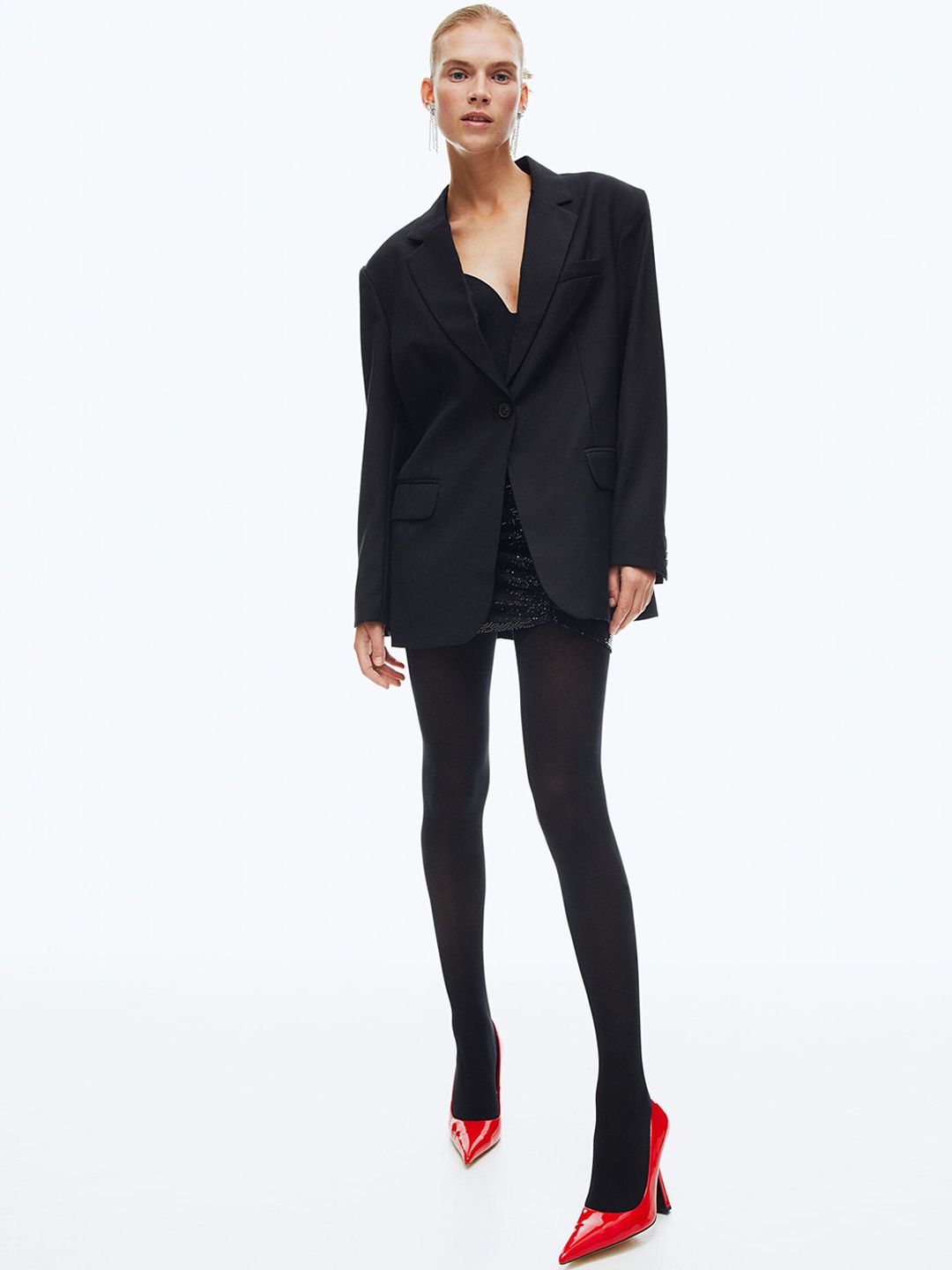 

H&M Women Black Oversized Single-Breasted Blazer