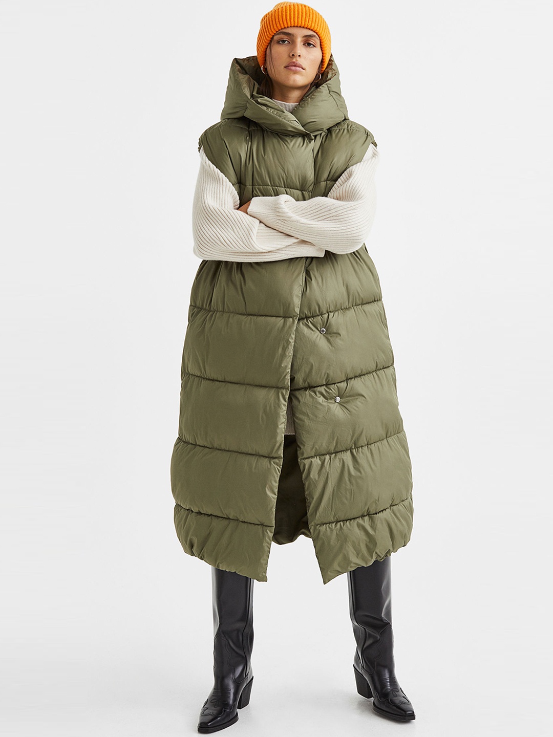 

H&M Women Hooded Puffer Gilet, Green