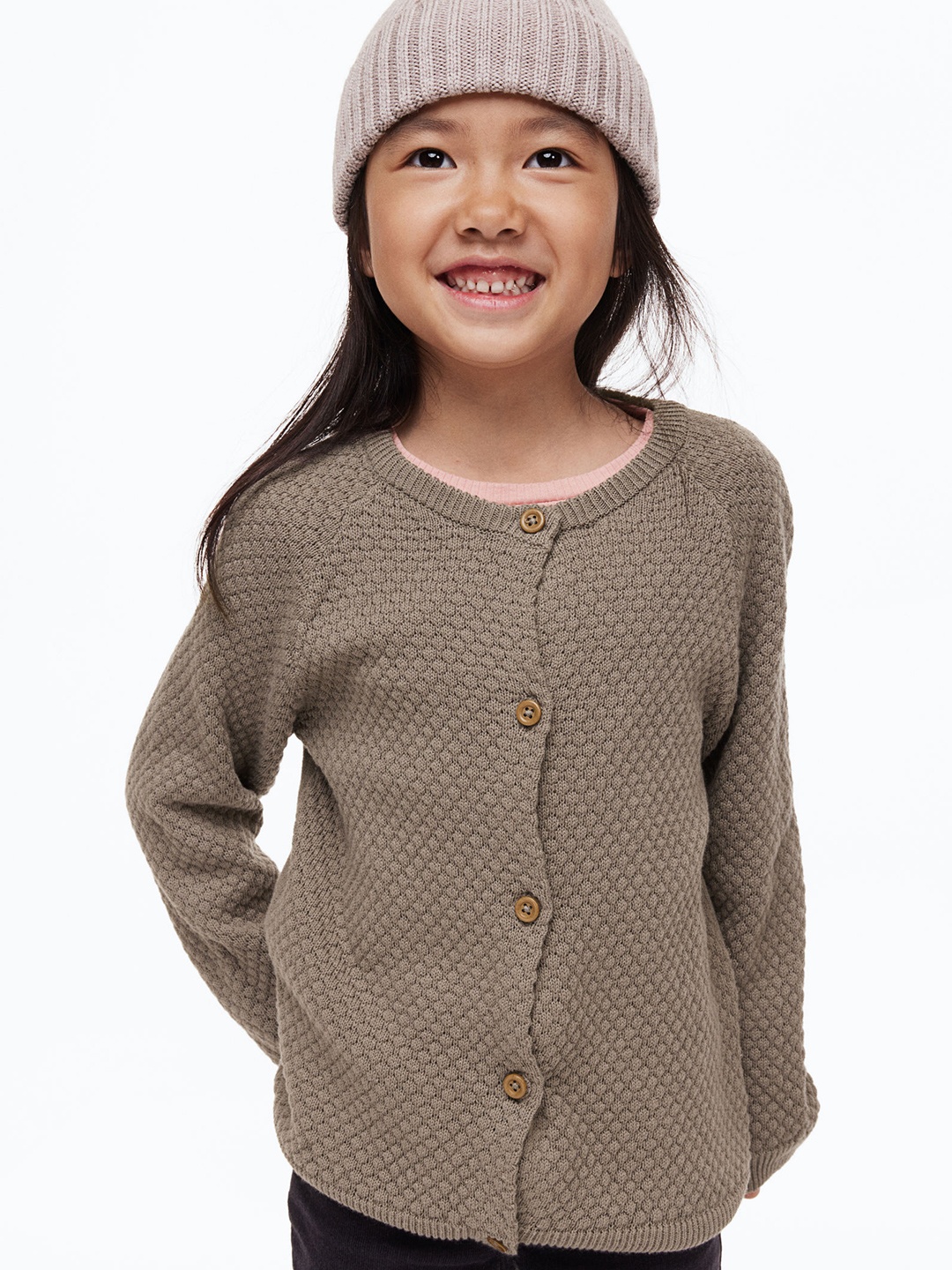 

H&M Girls Beige Textured-Knit Cardigan