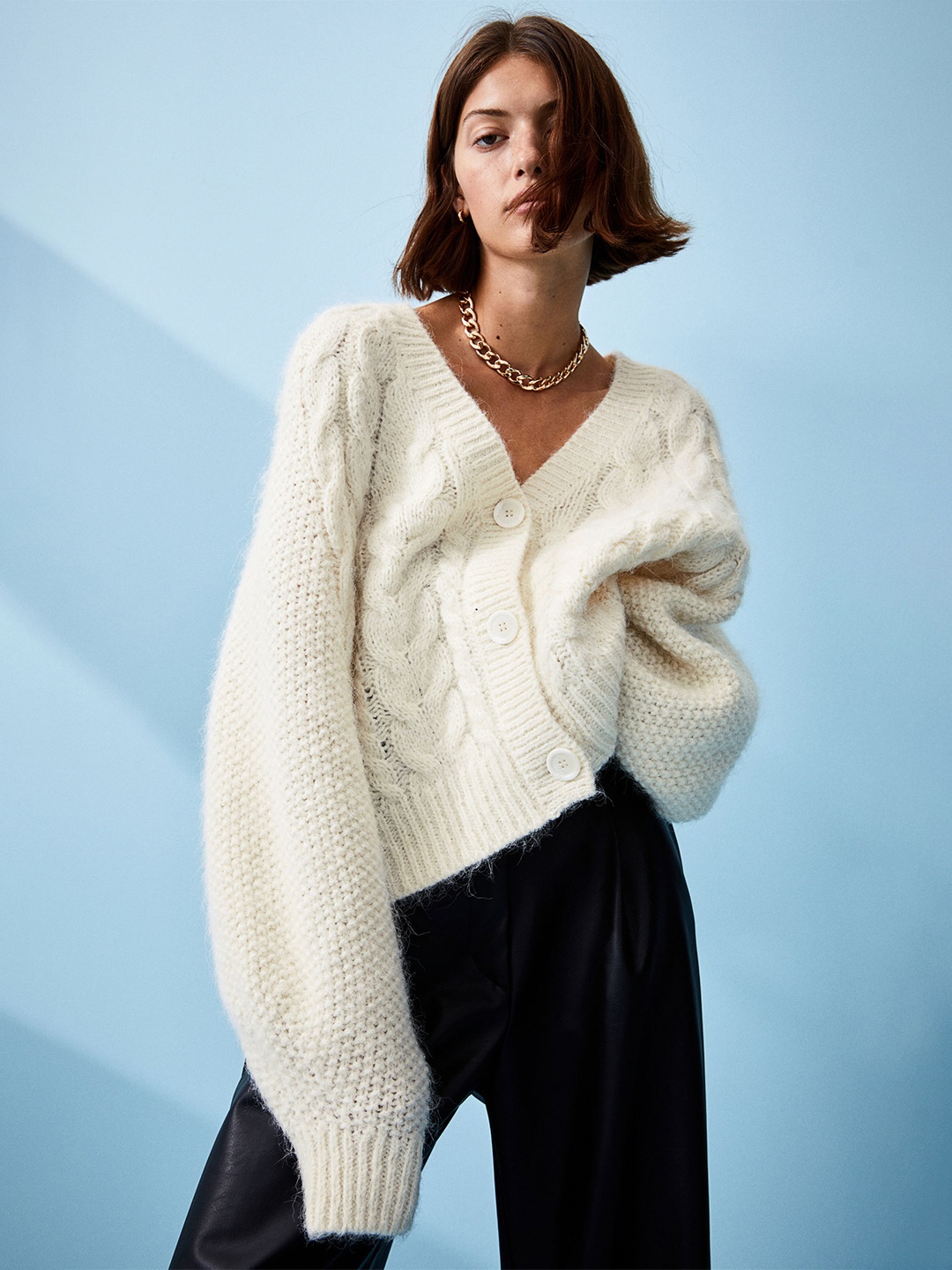 

H&M Women White Oversized Cable-Knit Cardigan