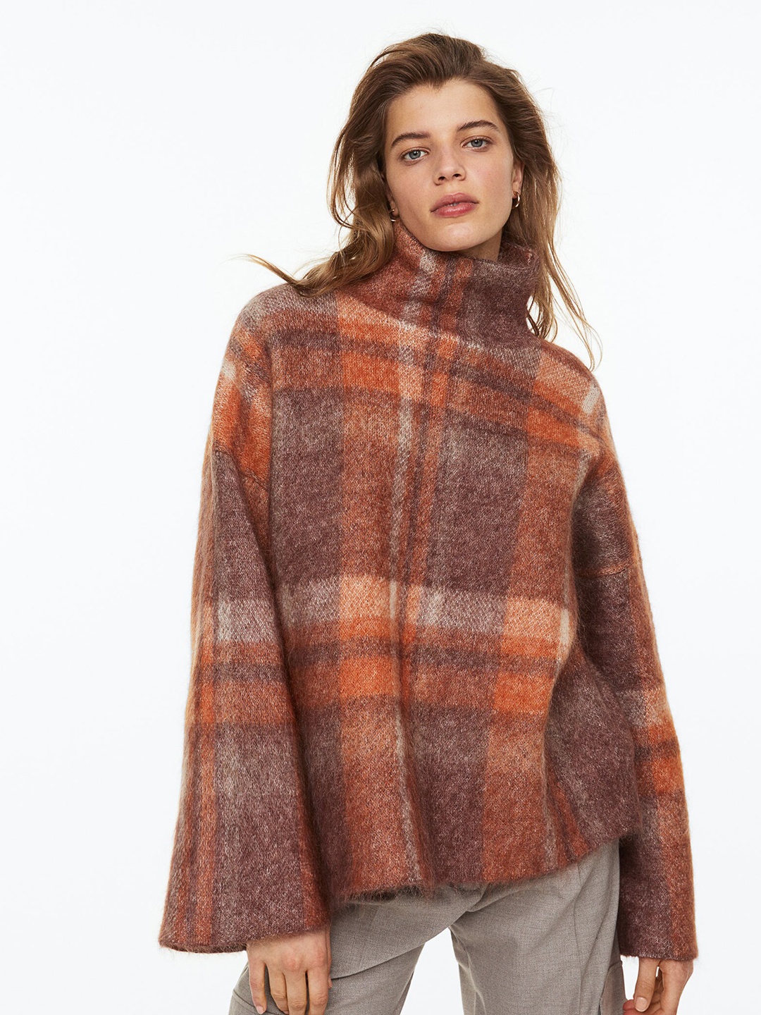 

H&M Women Brown & Orange Oversized Wool-Blend Jumper