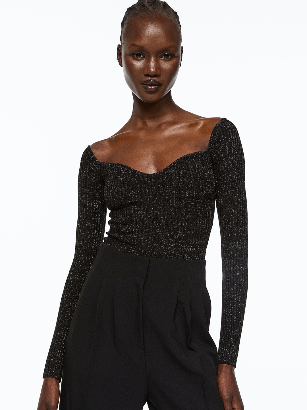 

H&M Women Black Glittery Rib-Knit Top