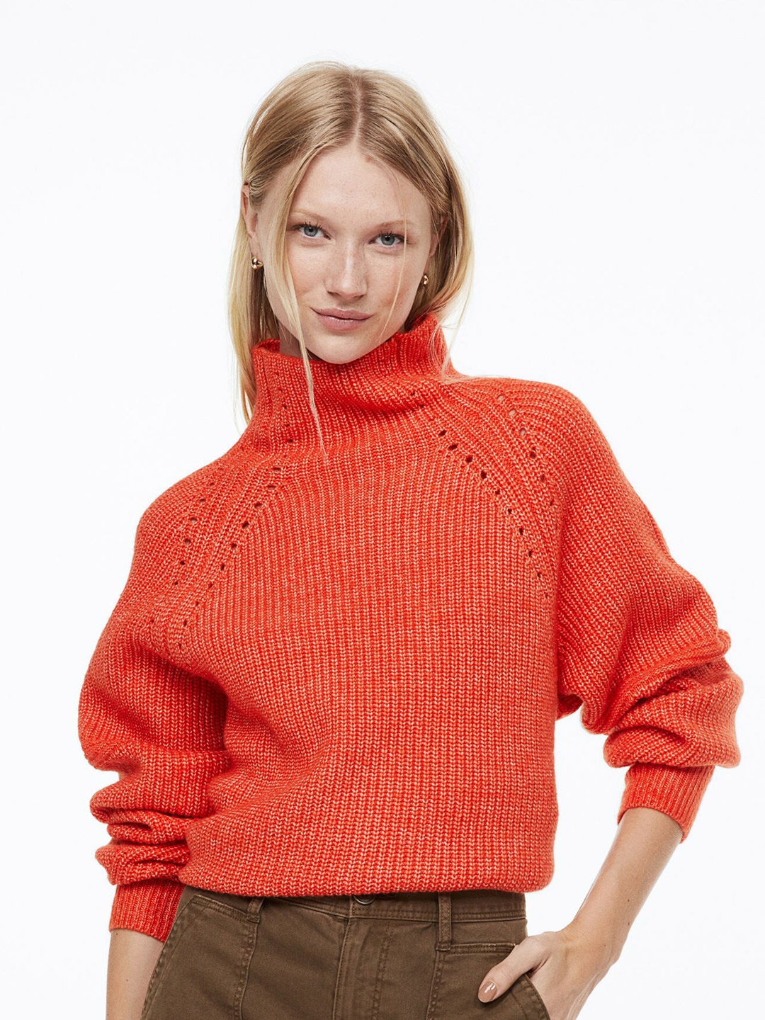 

H&M Women Orange Turtleneck Jacquard-Knit Jumper