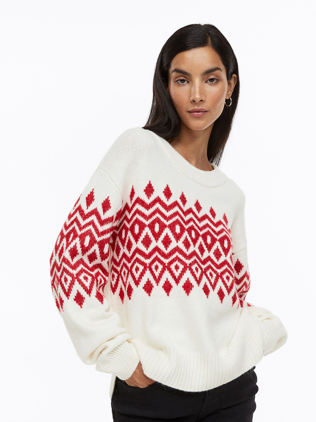 

H&M Women White & Red Jacquard-Knit Jumper