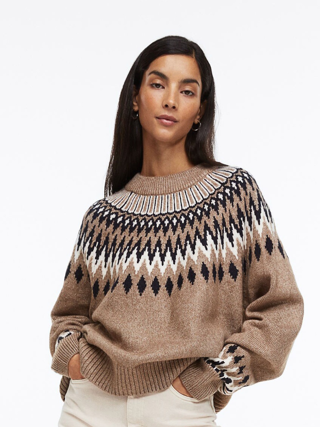

H&M Women Beige Jacquard-Knit Jumper