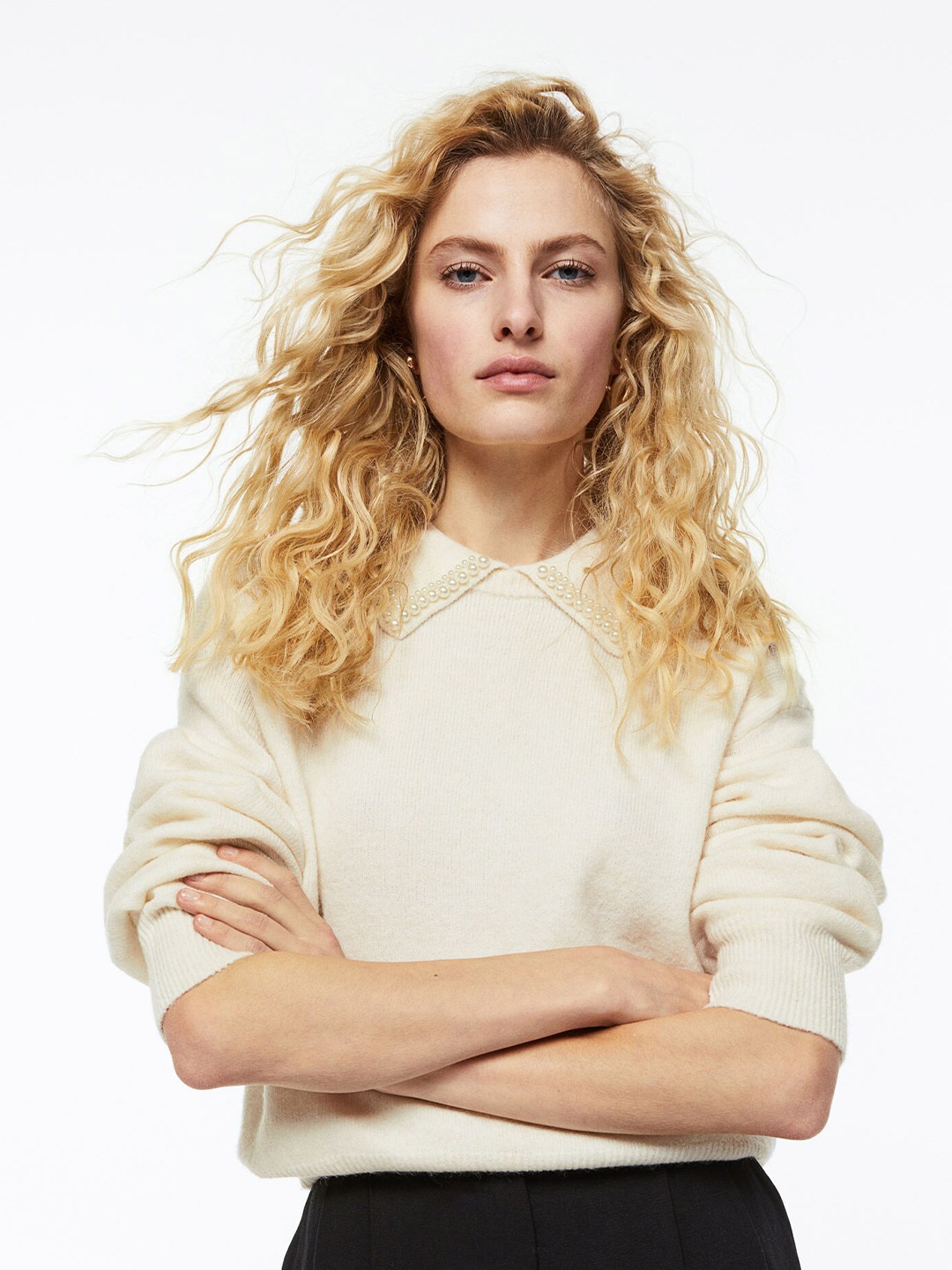 

H&M Women White Beaded-Collar Jumper