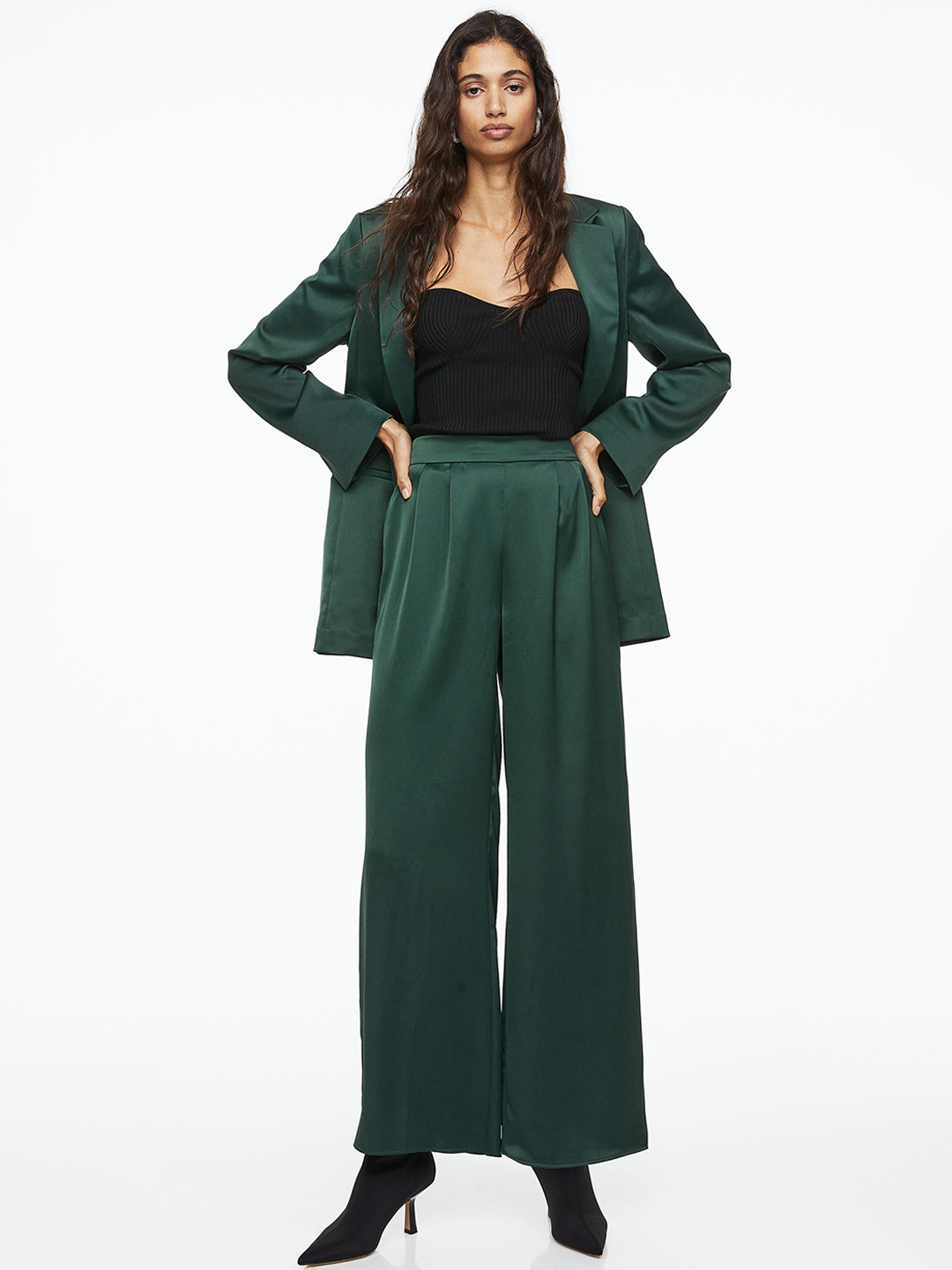 

H&M Women Green Wide Satin Trousers