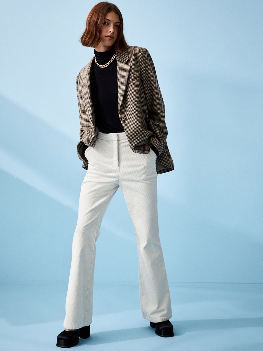 

H&M Women Beige Flared Corduroy Trousers