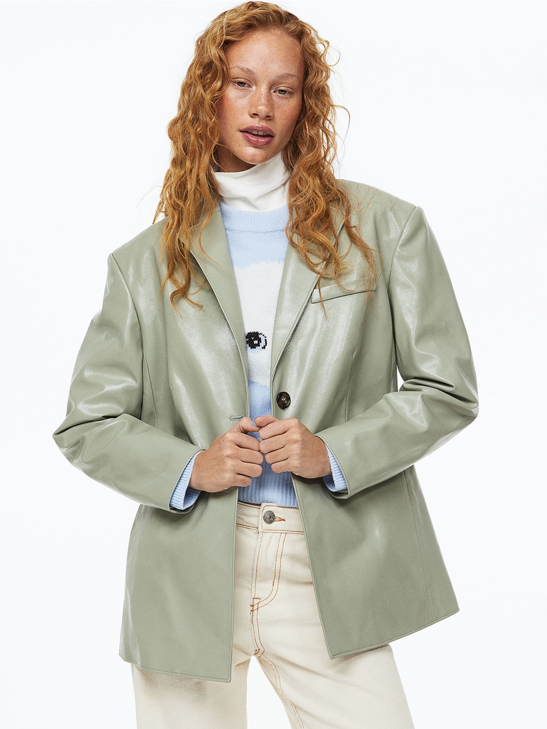 

H&M Women Green Single-Breasted Blazer, Sea green