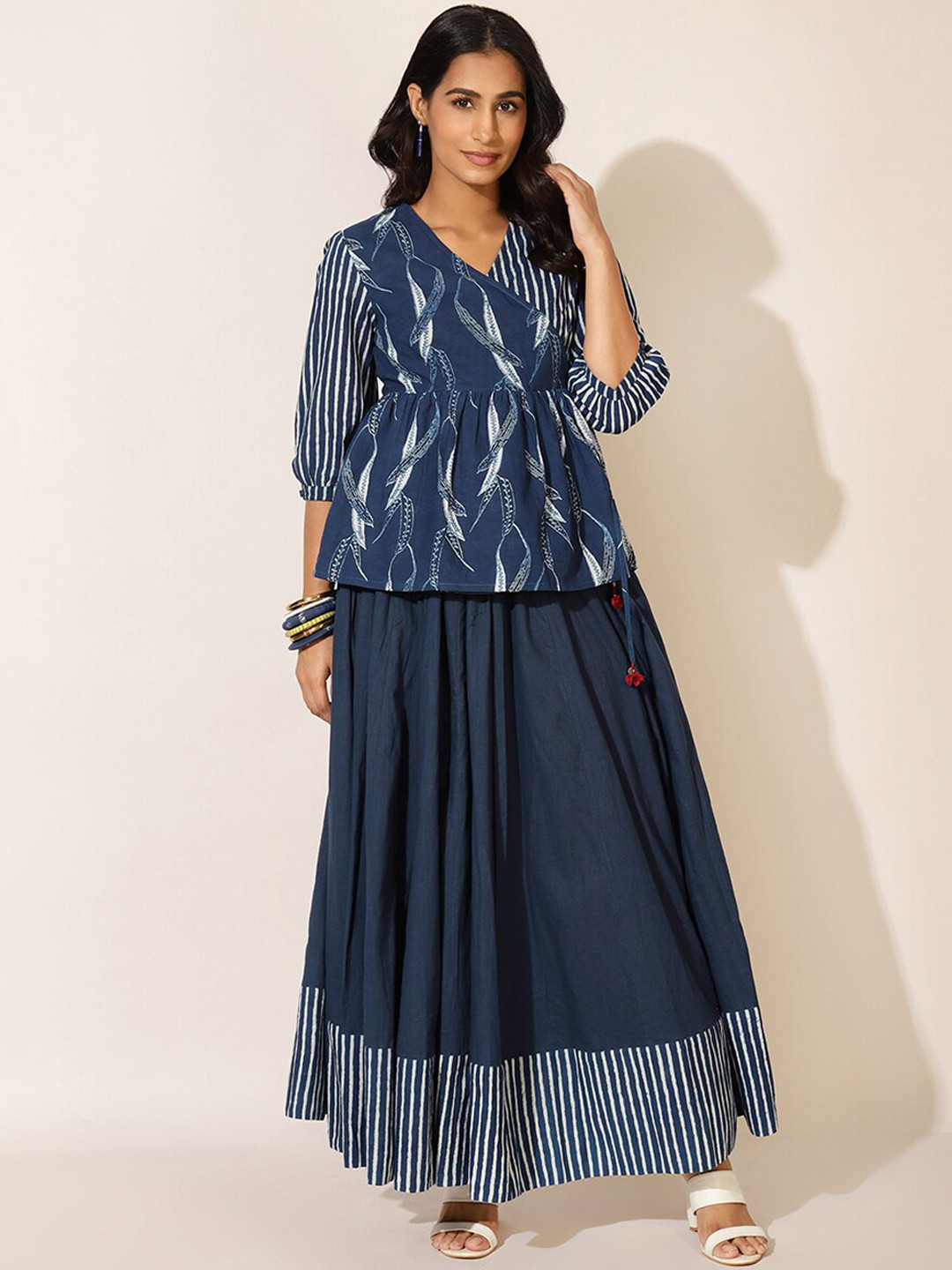 

Fabindia Women Blue Striped Angrakha Pure Cotton Kurti with Skirt