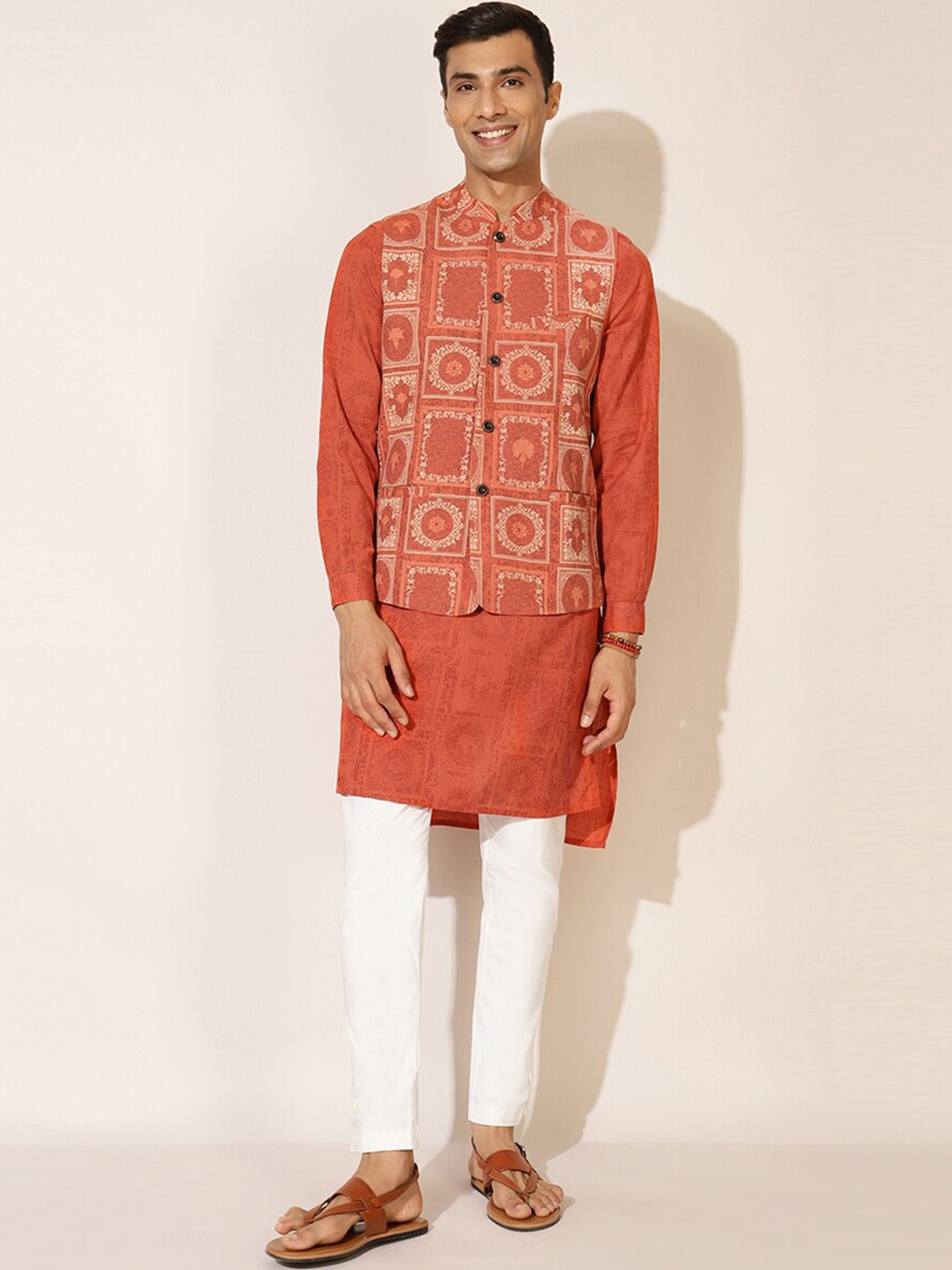 

Fabindia Men Orange Ethnic Motifs Printed Pure Cotton Kurta with Pyjamas