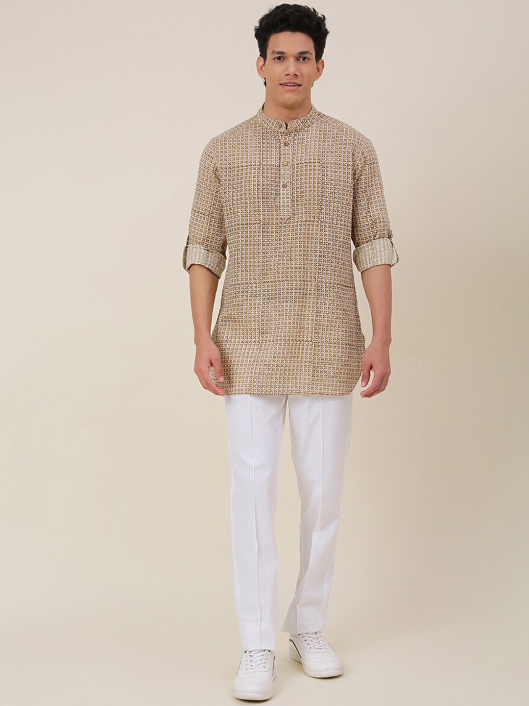 

Fabindia Men Beige Printed Pure Cotton Kurta with Trousers