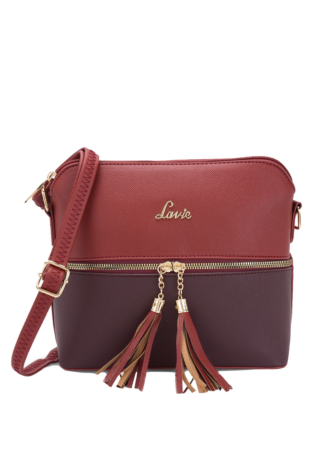 

Lavie Red Colourblocked Structured Sling Bag with Tasselled