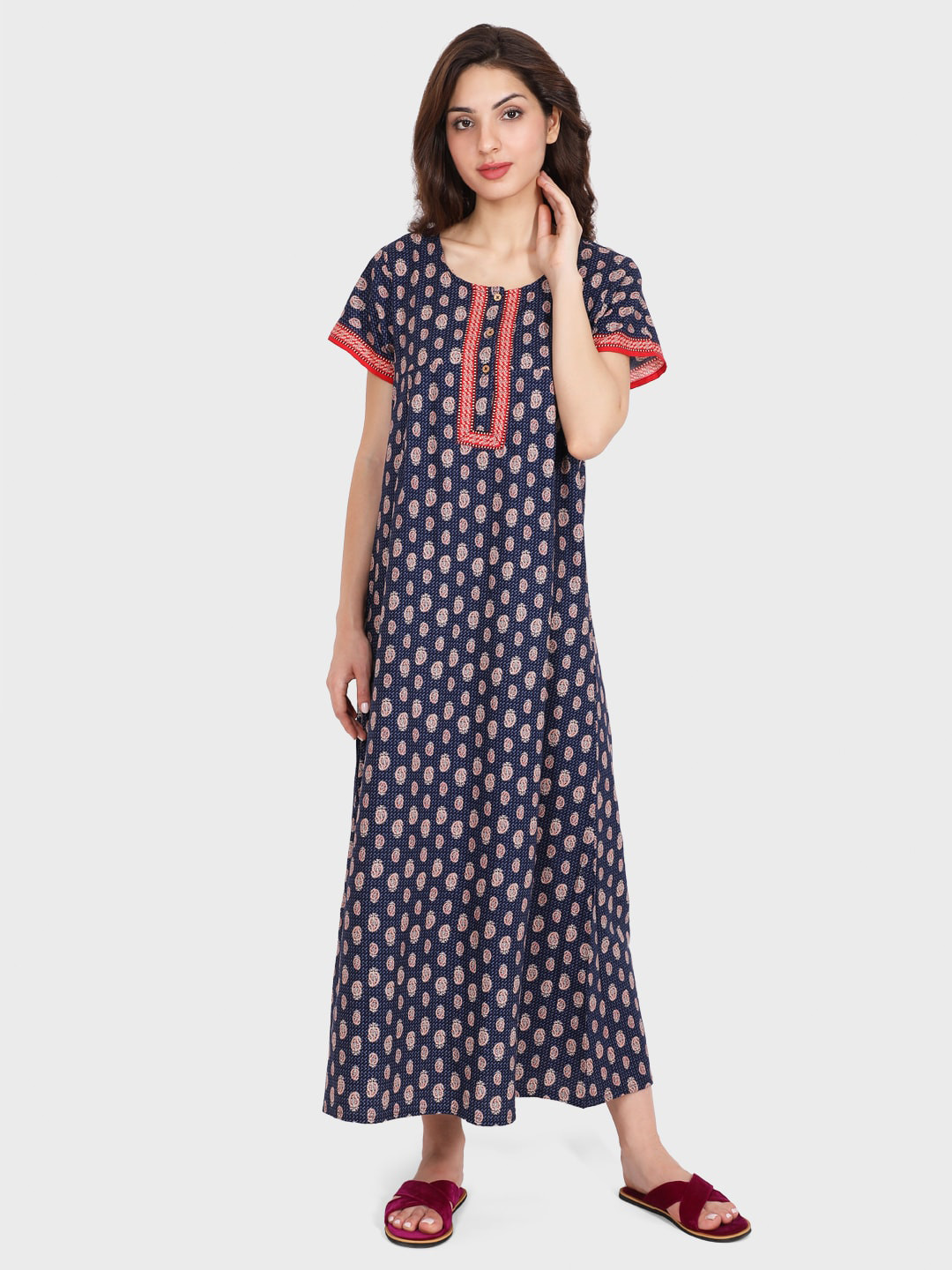 

evolove Navy Blue Printed Maxi Nightdress