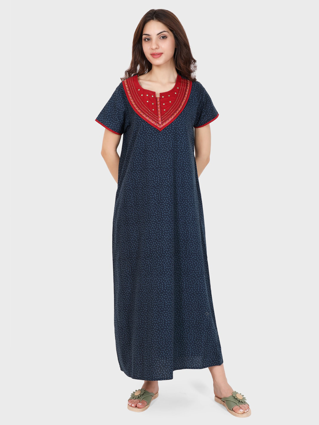 

evolove Navy Blue Printed Maxi Nightdress